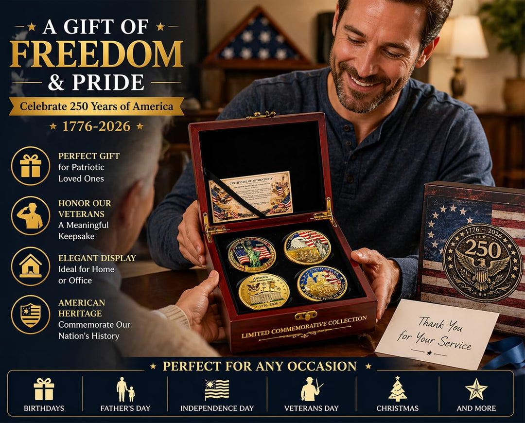 USA 250th Anniversary Coin Set (1776–2026) – 4 Patriotic Challenge Coins with Display Box