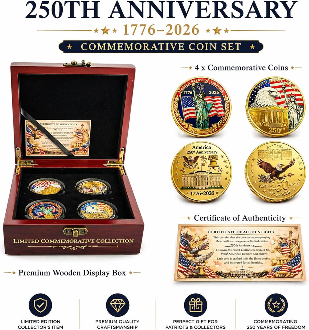 USA 250th Anniversary Coin Set (1776–2026) – 4 Patriotic Challenge Coins with Display Box