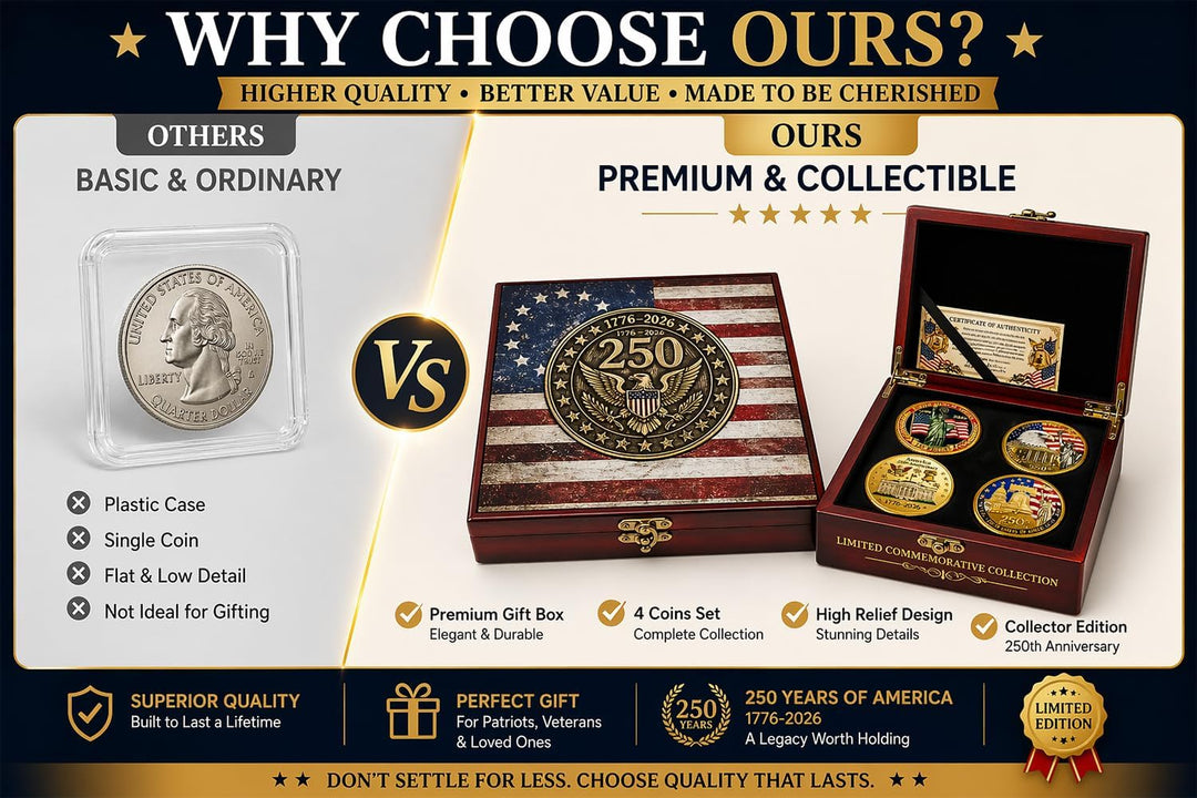 USA 250th Anniversary Coin Set (1776–2026) – 4 Patriotic Challenge Coins with Display Box