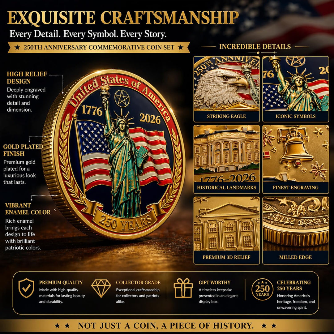 USA 250th Anniversary Coin Set (1776–2026) – 4 Patriotic Challenge Coins with Display Box
