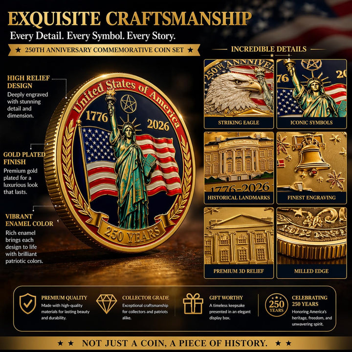USA 250th Anniversary Coin Set (1776–2026) – 4 Patriotic Challenge Coins with Display Box