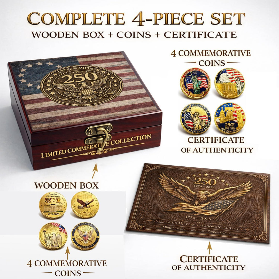 USA 250th Anniversary Coin Set (1776–2026) – 4 Patriotic Challenge Coins with Display Box