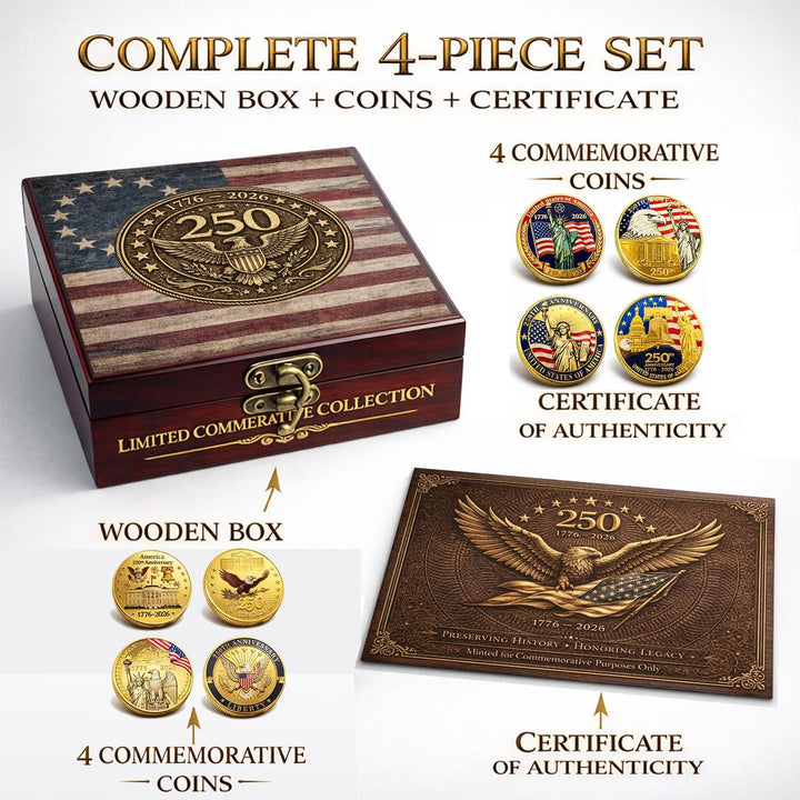 USA 250th Anniversary Coin Set (1776–2026) – 4 Patriotic Challenge Coins with Display Box