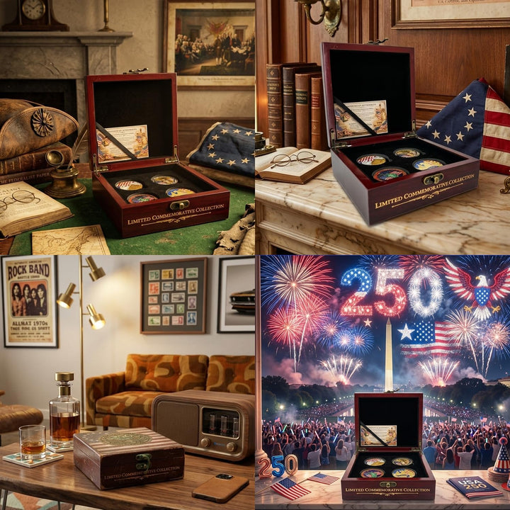 USA 250th Anniversary Coin Set (1776–2026) – 4 Patriotic Challenge Coins with Display Box