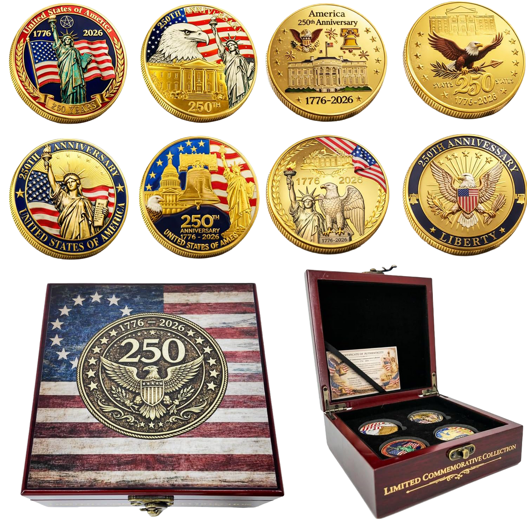 USA 250th Anniversary Coin Set (1776–2026) – 4 Patriotic Challenge Coins with Display Box
