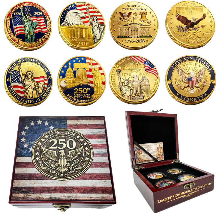 USA 250th Anniversary Coin Set (1776–2026) – 4 Patriotic Challenge Coins with Display Box